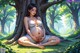 A pregnant woman sitting under a tree in a park.