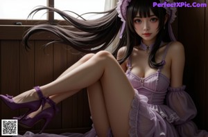 A woman in a purple dress sitting on a window sill.